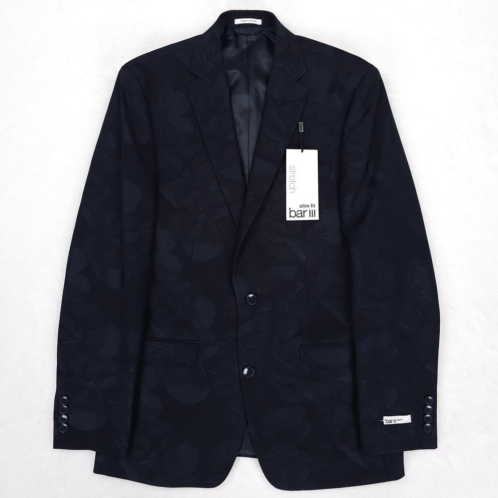 Bar III Mens Slim Fit Evening Jacket Blazer 40L Navy Floral Jacquard Stretch NWT